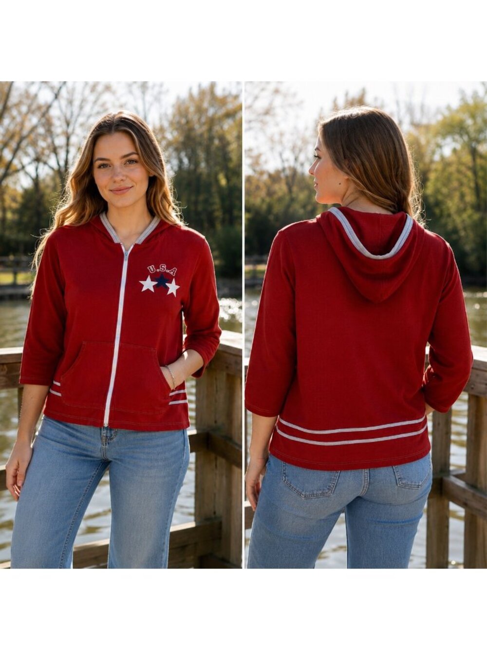 Vintage USA Star Zip Front Hoodie Jacket Red Women’s Medium Patriotic Y2K Casual
